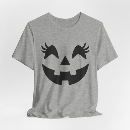 Camiseta de Halloween para mujer y niña con cara de Jack O'Lantern y pestañas de calabaza