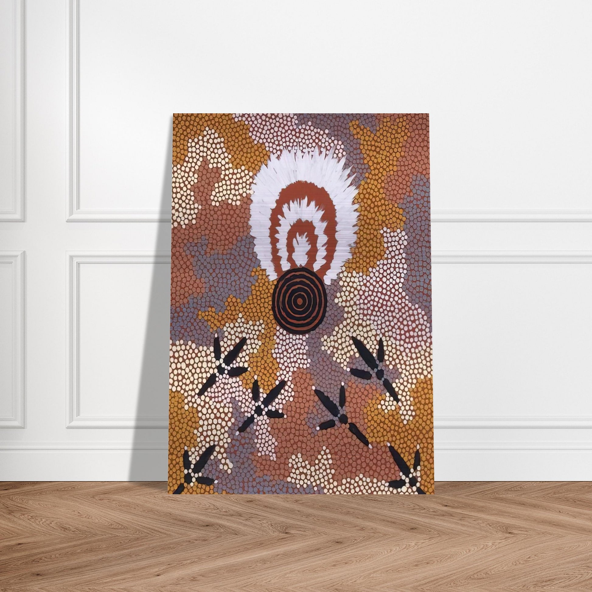 Eagle Dreaming at Mt. Allan - 1989 - Clifford Possum Tjapaltjarri Brushed Aluminum Print - 70x100 cm / 28x40 inches | Clifford Possum Tjapaltjarri Aluminum Print | Clifford Possum Tjapaltjarri Prints