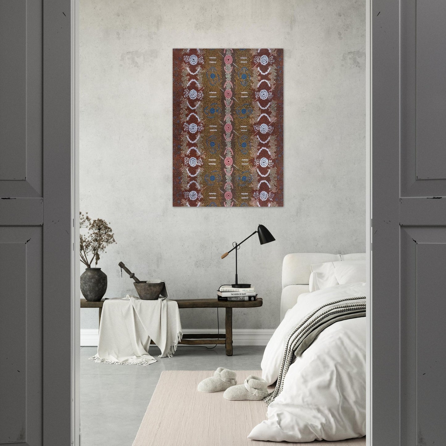 Honey Ant Dreaming - 1993 - Clifford Possum Tjapaltjarri Brushed Aluminum Print - 70x100 cm / 28x40 inches | Clifford Possum Tjapaltjarri Aluminum Print | Clifford Possum Tjapaltjarri Prints