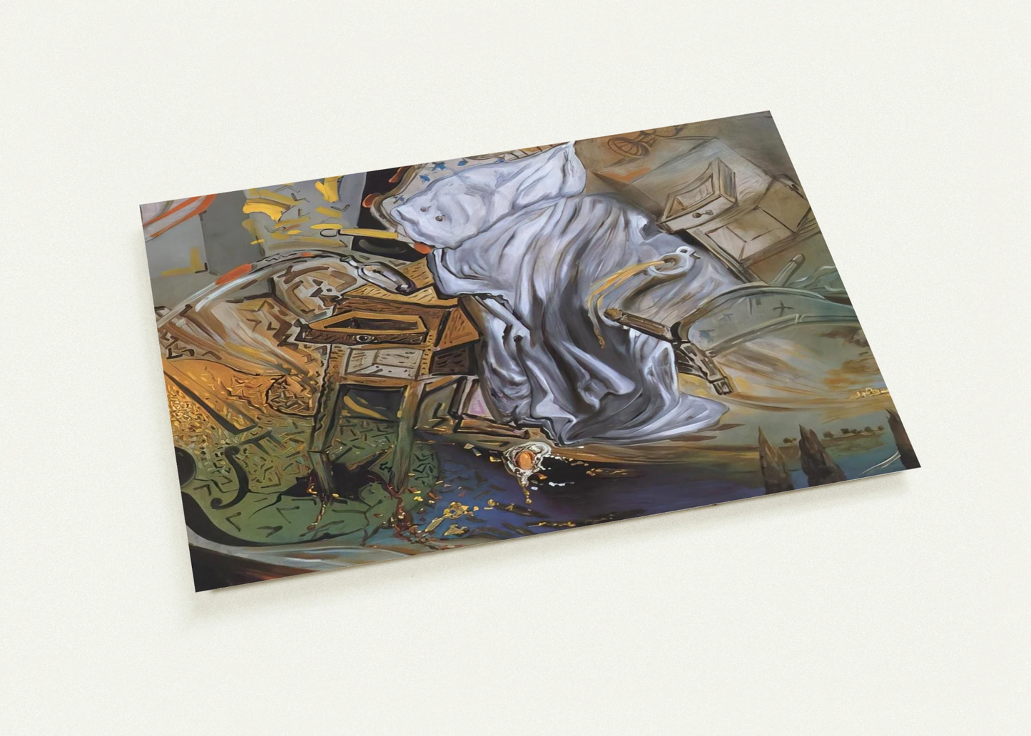 BED AND TWO BEDSIDE TABLES FEROCIOUSLY ATTACKING A CELLO FINAL STAGE By Salvador Dali Pack of 10 Post Cards | Salvador Dali Post Cards | A6 (10.5 x 14.8 cm) - 4.1 x 5.8 inches