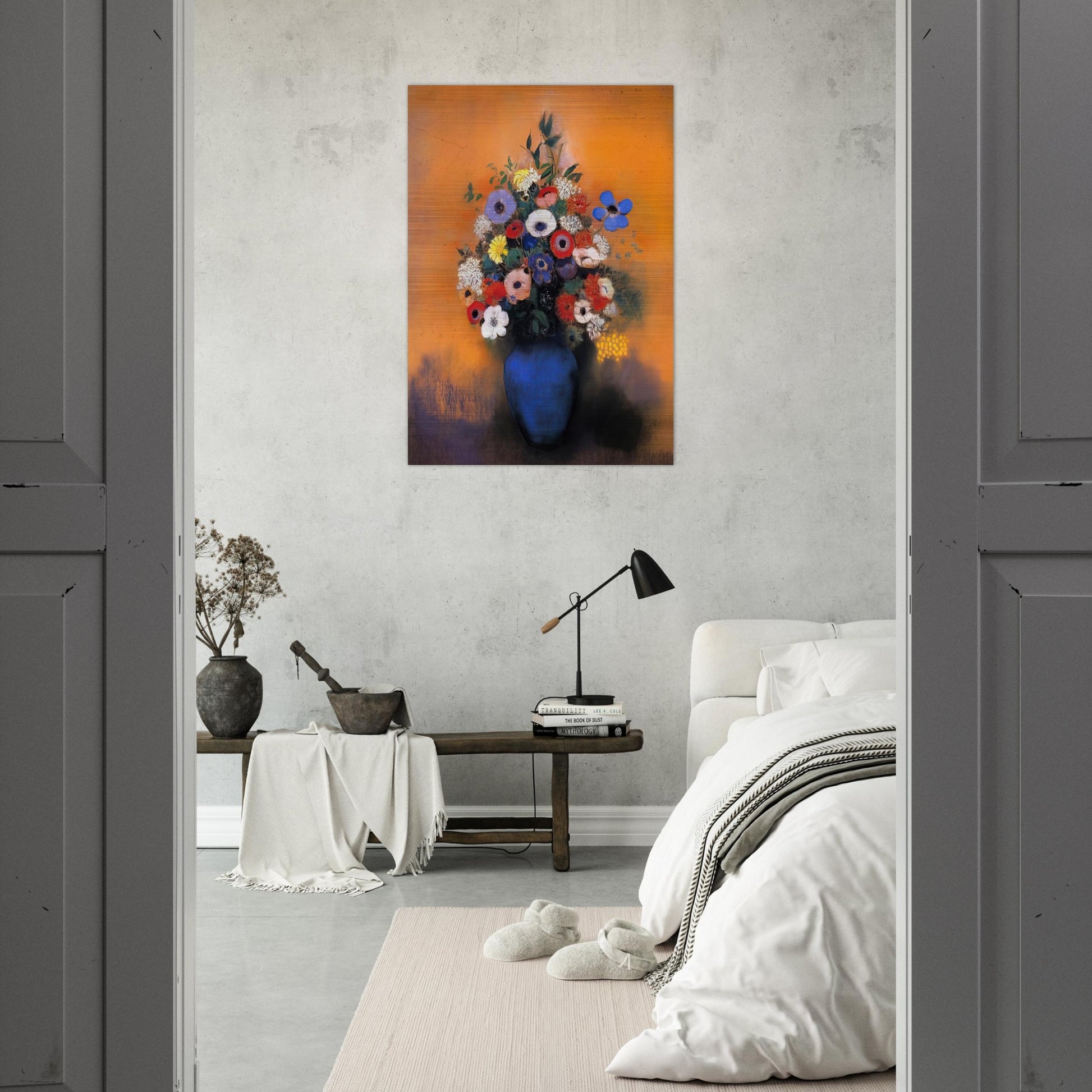 MINOSAS ANEMONIES AND LEAVES IN A BLUE VASE - Odilon Redon Brushed Aluminum Print - 70x100 cm / 28x40 inches | Odilon Redon Aluminum Print | Odilon Redon Prints