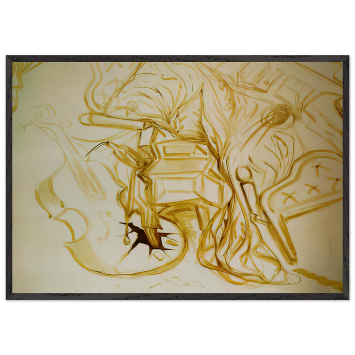 BED AND BEDSIDE TABLE FEROCIOUSLY ATTACKING A CELLO - Salvador Dali 70x100 cm / 28x40 inches Framed Art Print – Black Wooden Frame