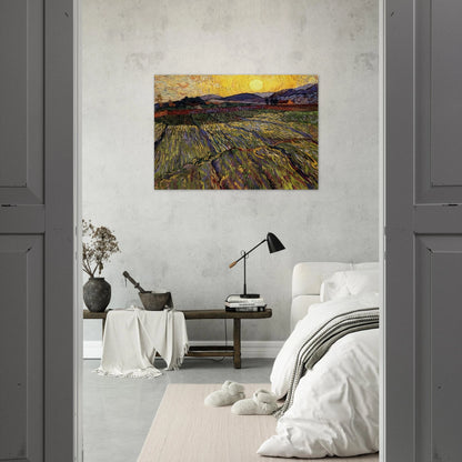 Wheat Field with Rising Sun - Vincent van Gogh Brushed Aluminum Print - 70x100 cm / 28x40 inches | Vincent van Gogh Aluminum Print | Vincent van Gogh Prints