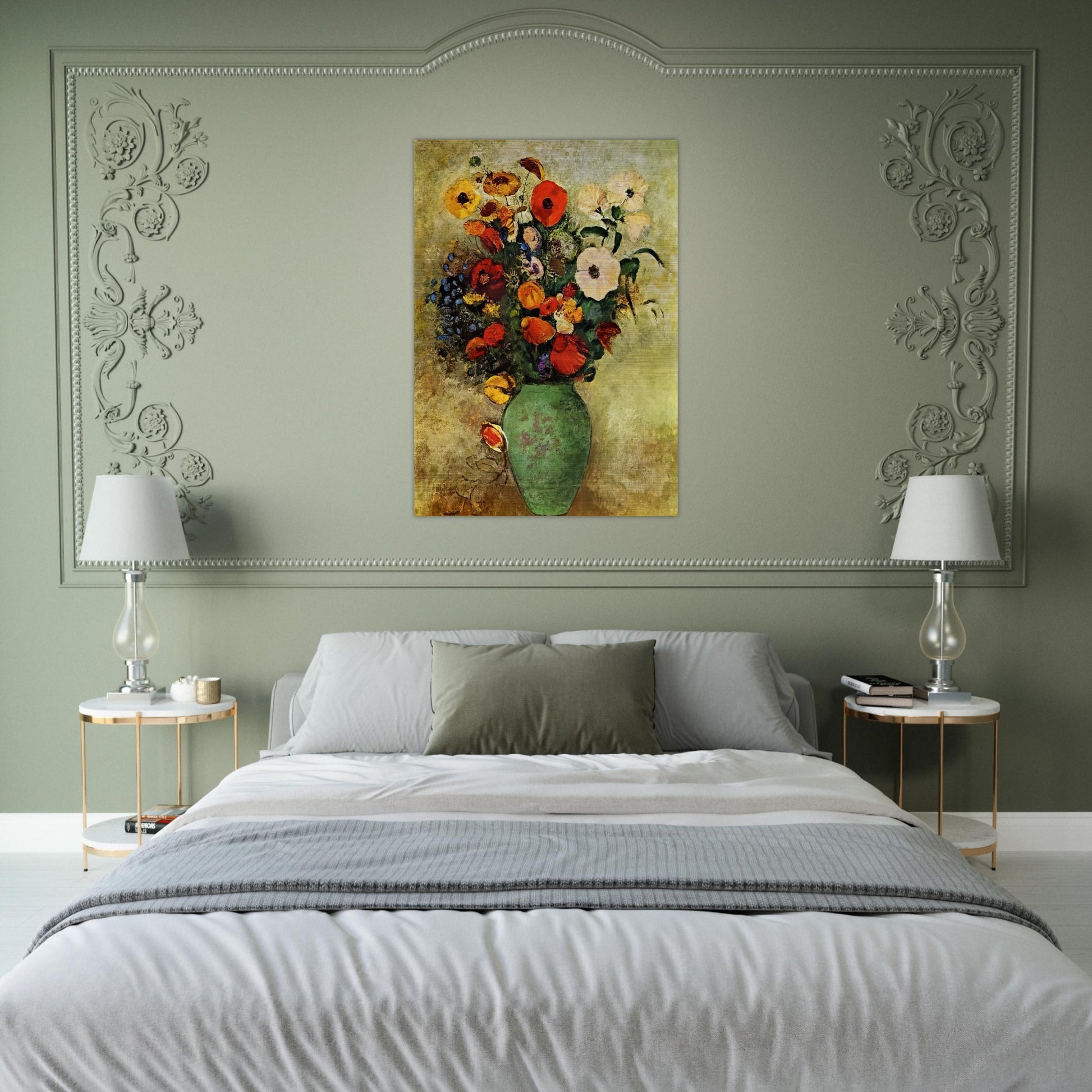 BOUQUET OF FLOWERS IN A GREEN VASE - Odilon Redon Brushed Aluminum Print - 70x100 cm / 28x40 inches | Odilon Redon Aluminum Print | Odilon Redon Prints