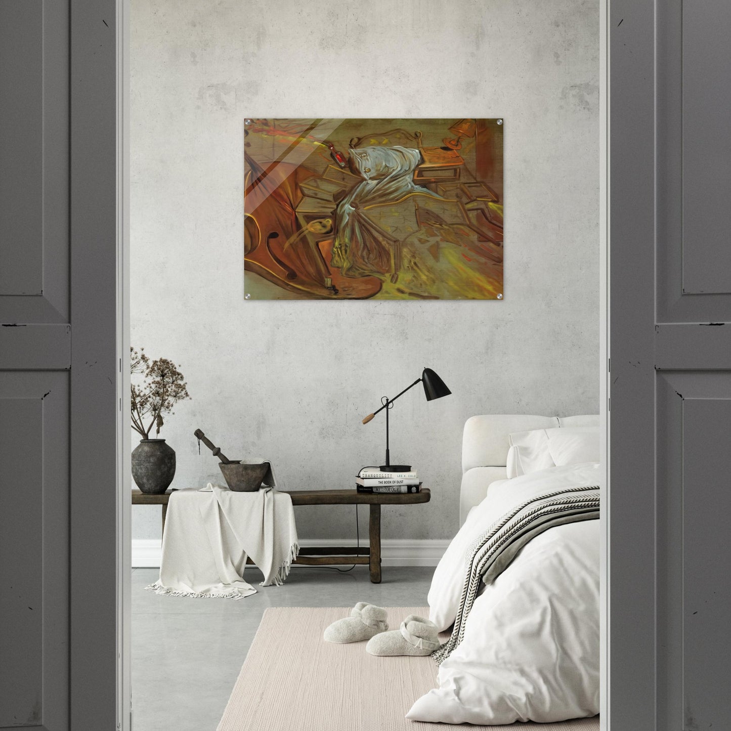 BED AND TWO BEDSIDE TABLES FEROCIOUSLY ATTACKING A CELLO - Salvador Dali Acrylic Print - 70x100 cm / 28x40″ inches