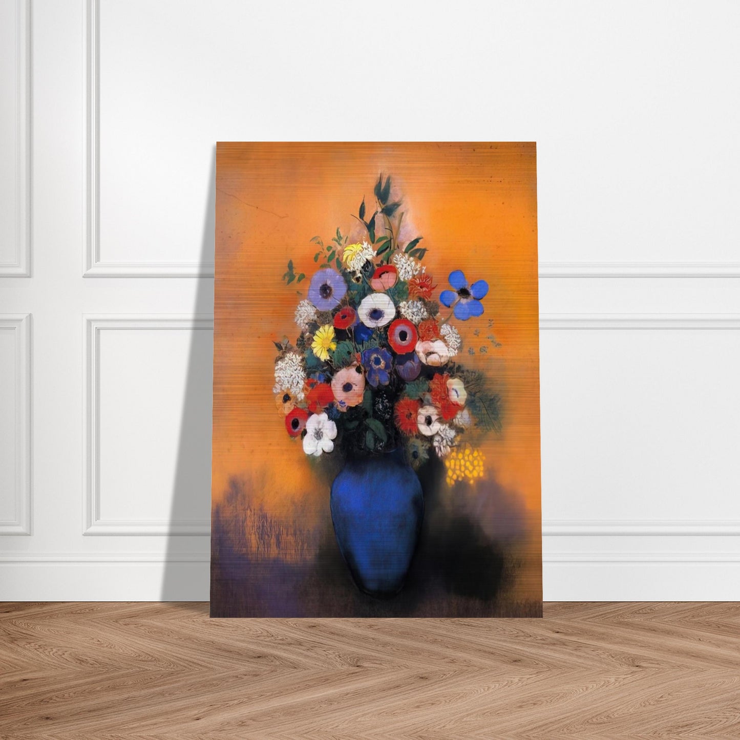 MINOSAS ANEMONIES AND LEAVES IN A BLUE VASE - Odilon Redon Brushed Aluminum Print - 70x100 cm / 28x40 inches | Odilon Redon Aluminum Print | Odilon Redon Prints