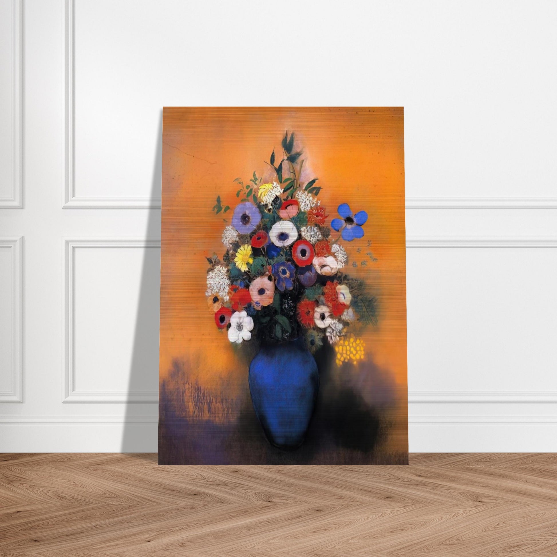 MINOSAS ANEMONIES AND LEAVES IN A BLUE VASE - Odilon Redon Brushed Aluminum Print - 70x100 cm / 28x40 inches | Odilon Redon Aluminum Print | Odilon Redon Prints