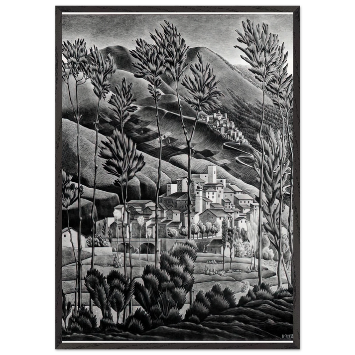 ALFEDENA ABRUZZI - MC Escher 70x100 cm / 28x40 inches Framed Art Print – Black Wooden Frame | Maurits Cornelis Escher Prints
