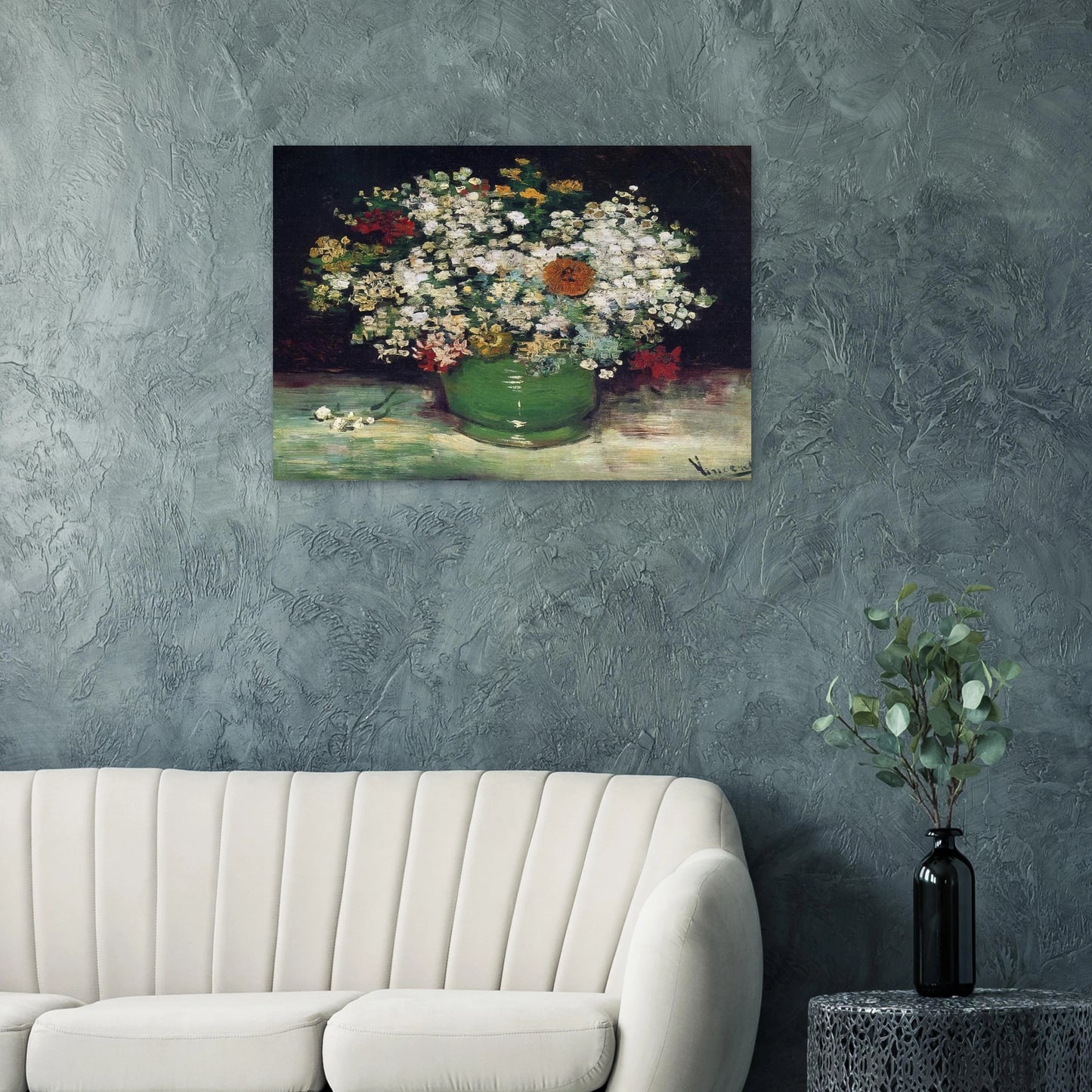 Vase with Zinnias and Other Flowers - Vincent van Gogh Brushed Aluminum Print - 70x100 cm / 28x40 inches | Vincent van Gogh Aluminum Print | Vincent van Gogh Prints