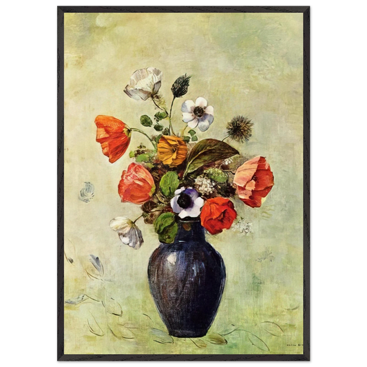 ANEMONES AND POPPIES IN A VASE - Odilon Redon 70x100 cm / 28x40 inches Framed Art Print – Black Wooden Frame