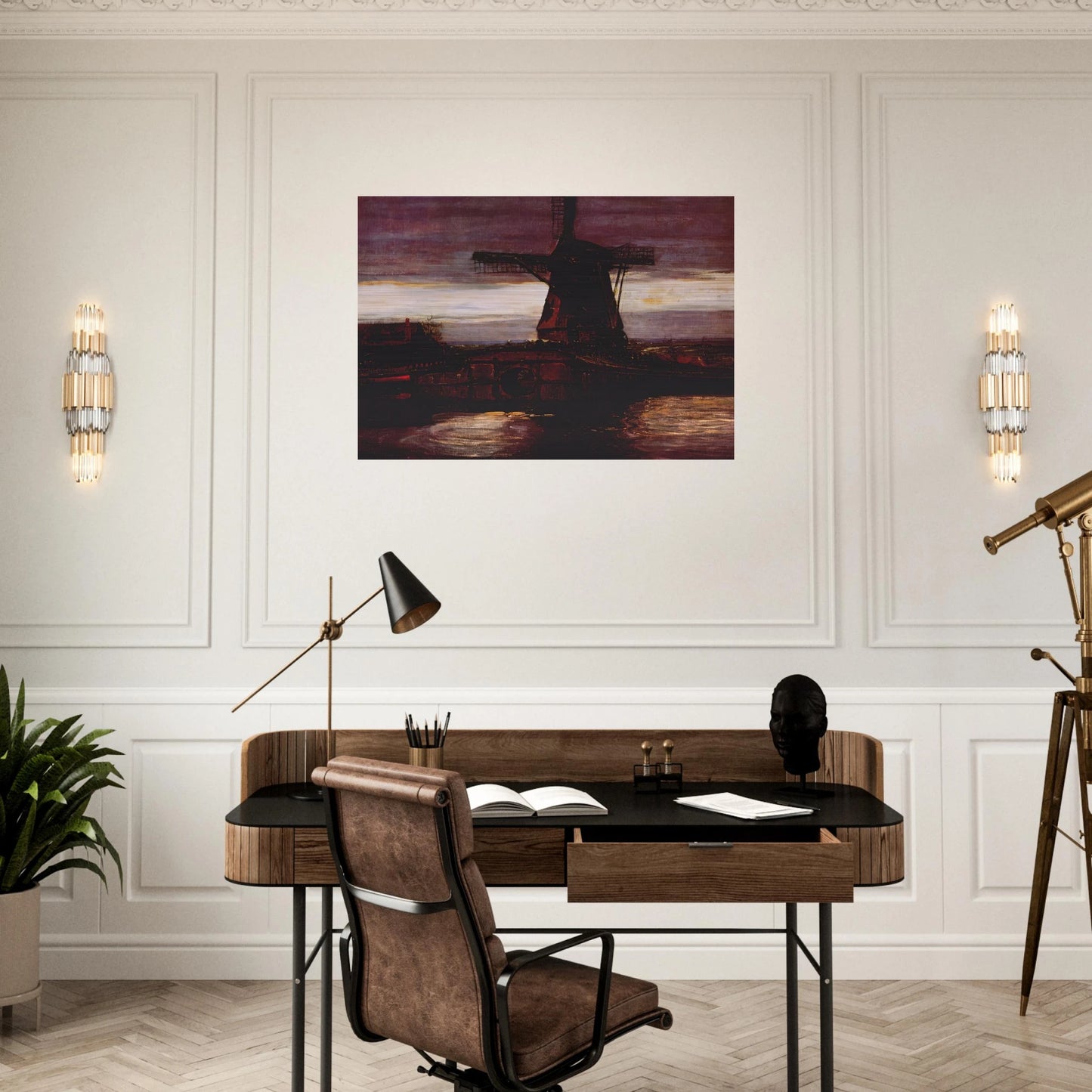 Stammer Mill with Streaked Sky - Piet Mondrian Brushed Aluminum Print - 70x100 cm / 28x40 inches | Piet Mondrian Aluminum Print | Piet Mondrian Prints