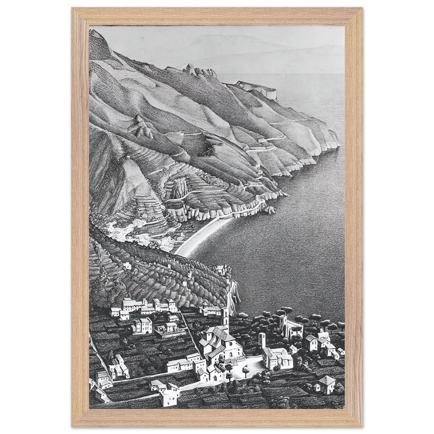MC Escher - RAVELLO AND THE COAST OF AMALFI Wall Art - 21x29.7 cm / 8x12" - Premium Wooden Framed Poster With Fine Art Paper-canvas - Black frame