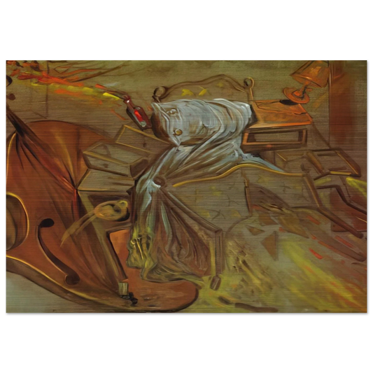 BED AND TWO BEDSIDE TABLES FEROCIOUSLY ATTACKING A CELLO - Salvador Dali Brushed Aluminum Print - 70x100 cm / 28x40 inches | Salvador Dali Aluminum Print | Salvador Dali Prints