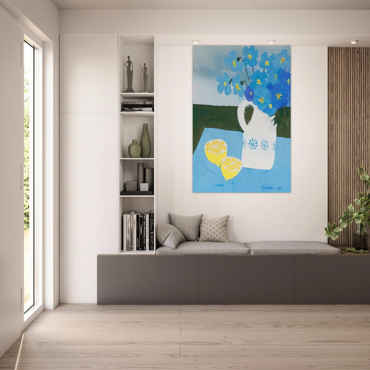 Flowers in a vase with lemon - 1987 - Mary Fedden Art Prints - 100x150 cm / 40x60″ inches | Mary Fedden Poster | Mary Fedden Prints