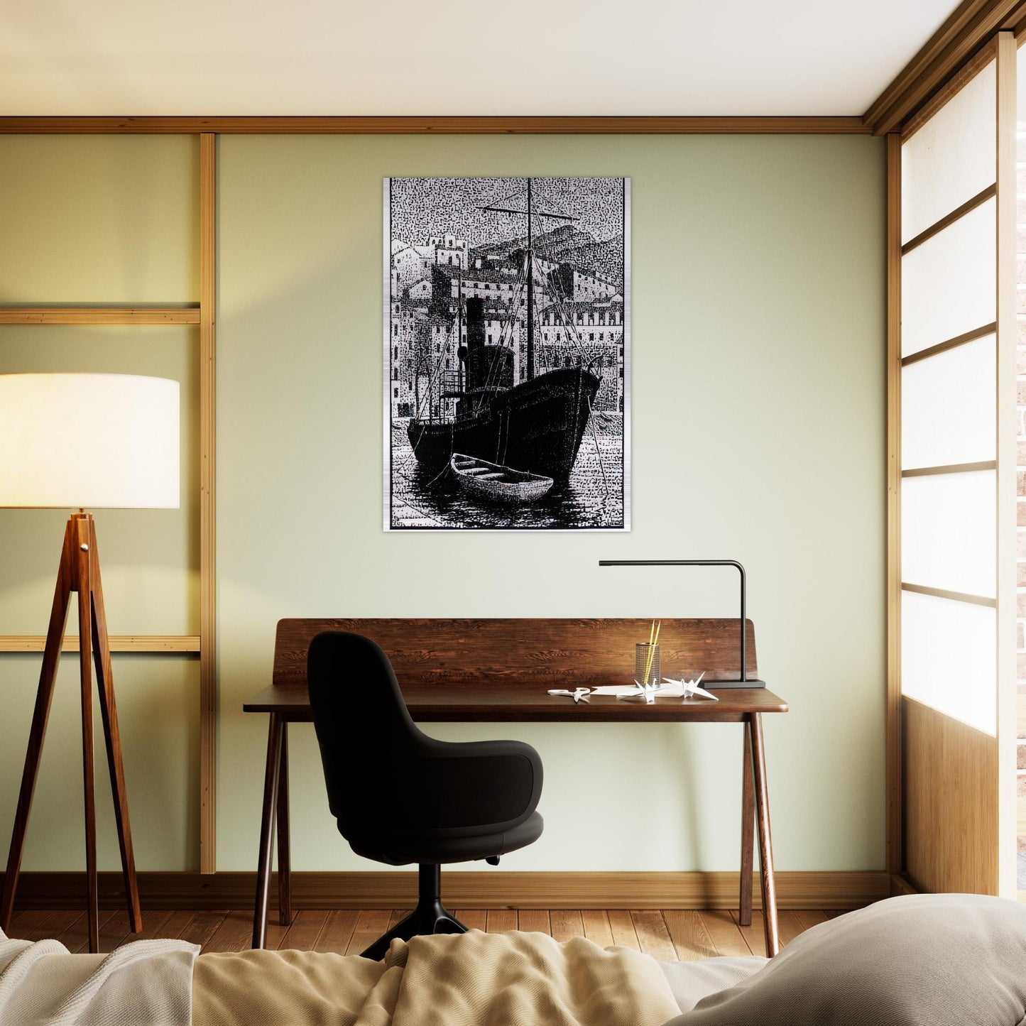TUGBOAT OLD HARBOR OF BASTIA JANUARY 1934 1934 - MC Escher Brushed Aluminum Print - 70x100 cm / 28x40 inches | MC Escher Aluminum Print | MC Escher Prints