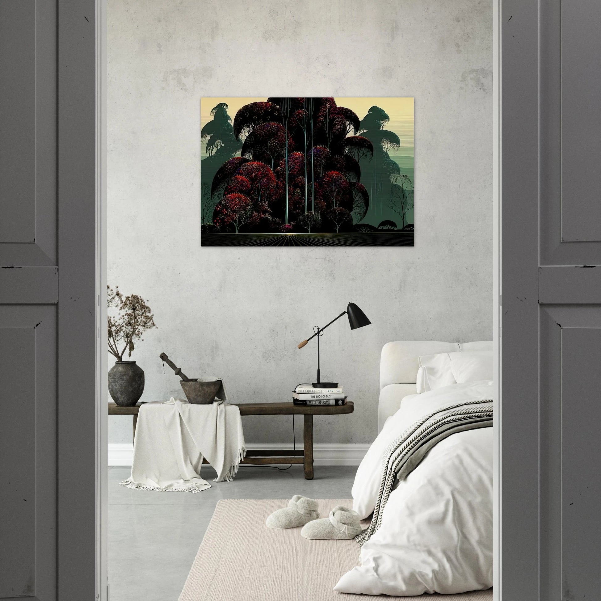 Crimson Autumn - Eyvind Earle Brushed Aluminum Print - 70x100 cm / 28x40 inches | Eyvind Earle Aluminum Print | Eyvind Earle Prints