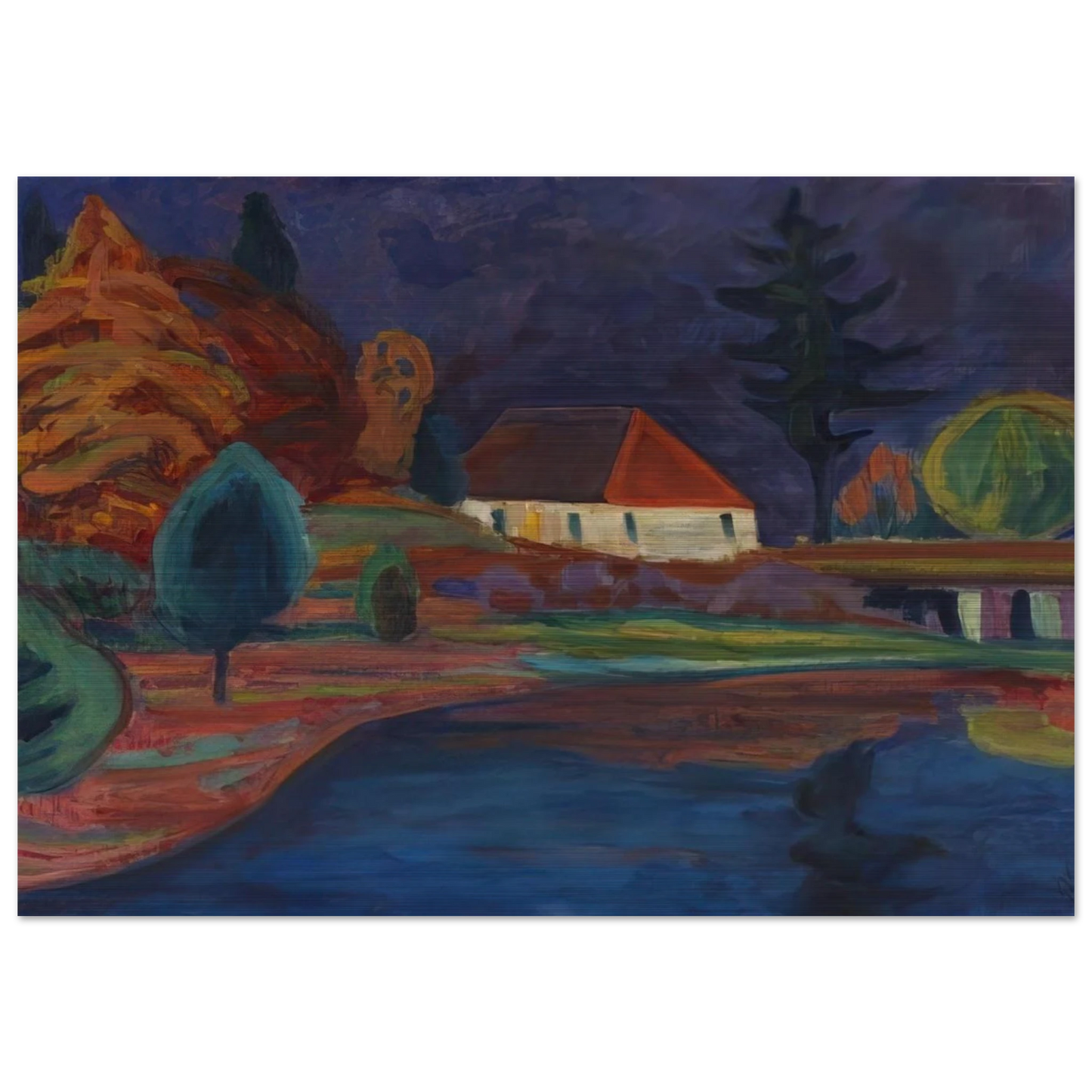 LANDSCHAFT MIT HAUS IN OBERAU 1908 - Gabriele Munter Brushed Aluminum Print - 70x100 cm / 28x40 inches | Gabriele Munter Aluminum Print | Gabriele Munter Prints