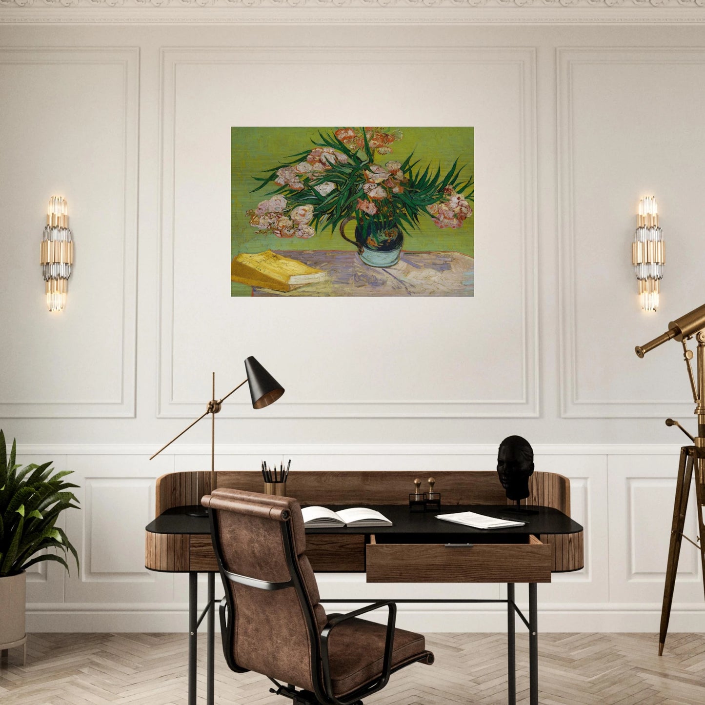 Oleanders and Books - Vincent van Gogh Brushed Aluminum Print - 70x100 cm / 28x40 inches | Vincent van Gogh Aluminum Print | Vincent van Gogh Prints