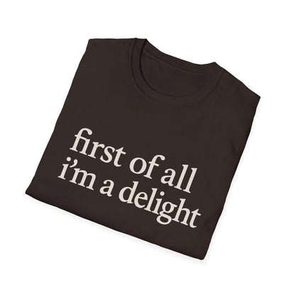 Camiseta "Primero que nada soy un deleite", camiseta con cita divertida para mujer, camiseta con frase atrevida, regalo gráfico ingenioso para la mejor amiga