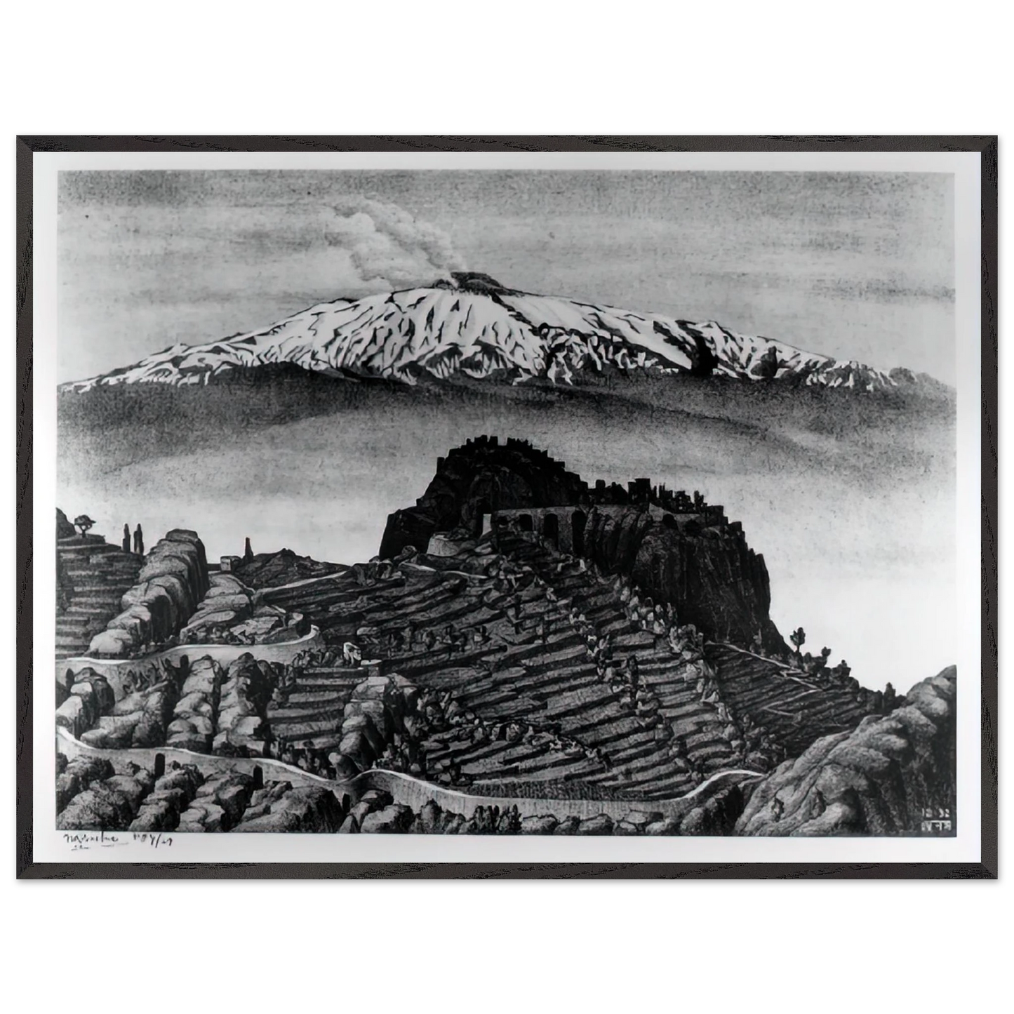 MC Escher - CASTEL MOLA AND MOUNT ETNA SICILY DECEMBER 1932 1932 Wall Art - 30x40 cm / 12x16 inches - Premium Wooden Framed Poster With Fine Art Paper - Black frame