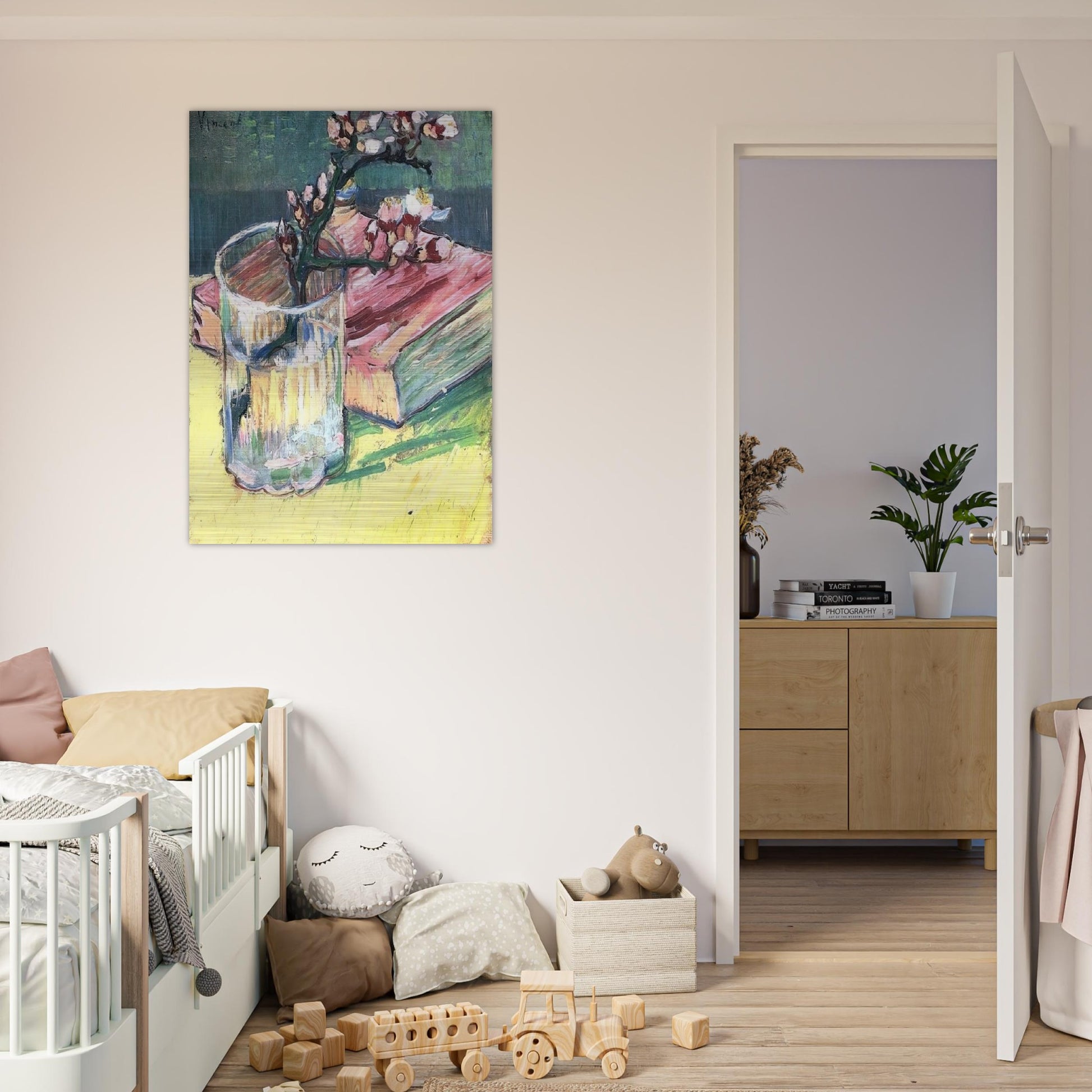 Blossoming Almond Branch in a Glass with a Book - Vincent van Gogh Brushed Aluminum Print - 70x100 cm / 28x40 inches | Vincent van Gogh Aluminum Print | Vincent van Gogh Prints