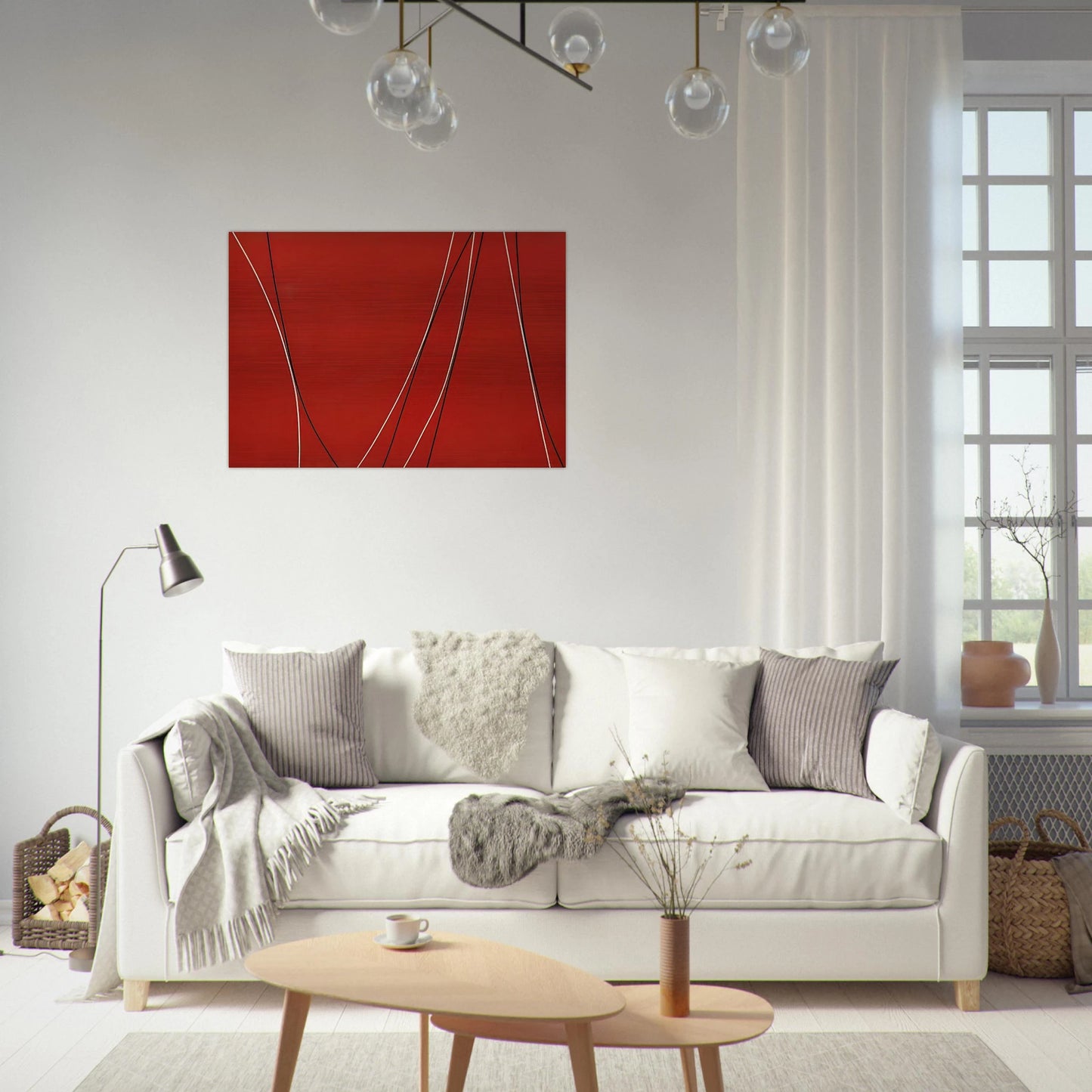 Untitled Black and White Lines on Red Background - 1965 - Lorser Feitelson Brushed Aluminum Print - 70x100 cm / 28x40 inches | Lorser Feitelson Aluminum Print | Lorser Feitelson Prints