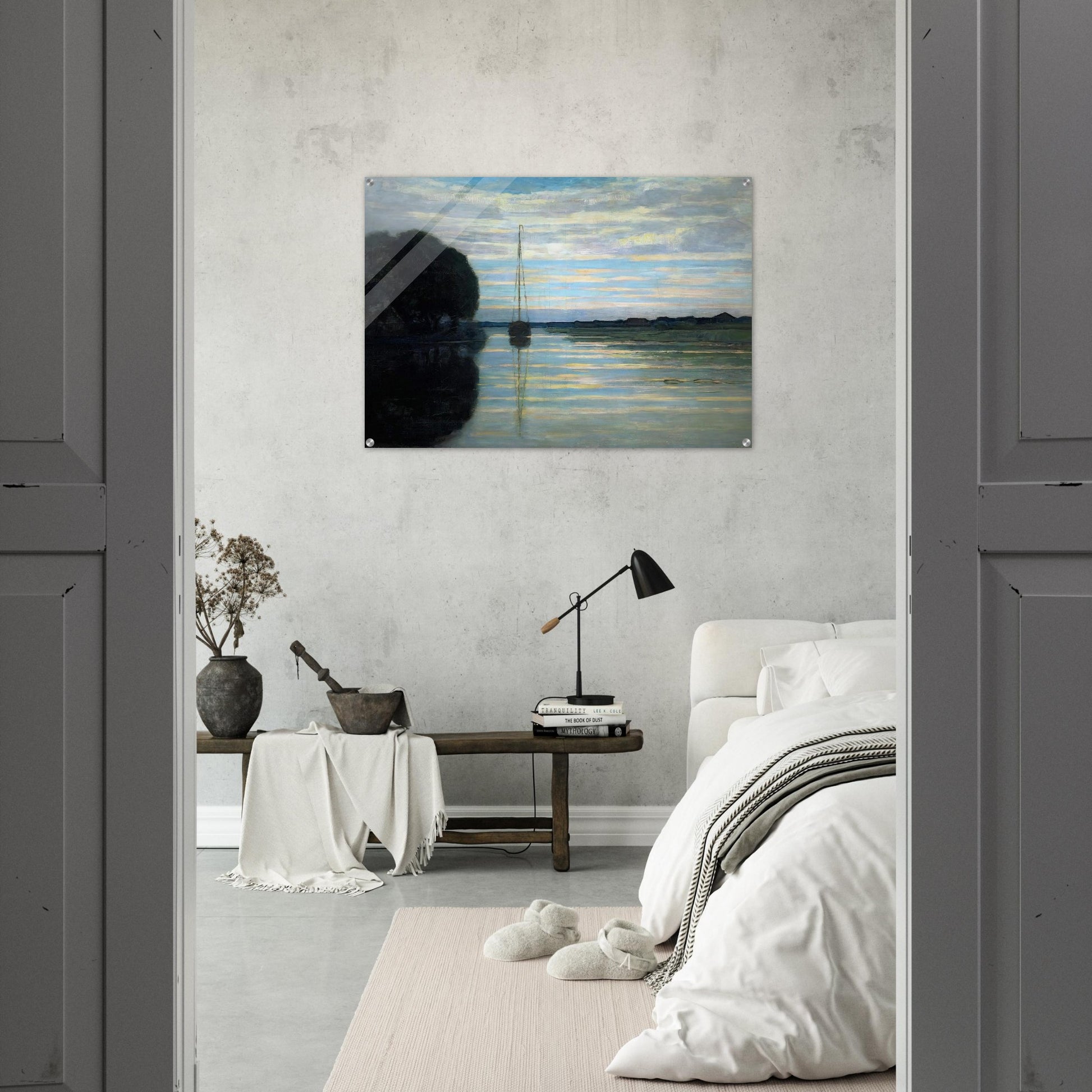 River view with a boat Sun - Piet Mondrian Acrylic Print - 70x100 cm / 28x40″ inches | Piet Mondrian Wall Art | Piet Mondrian Prints