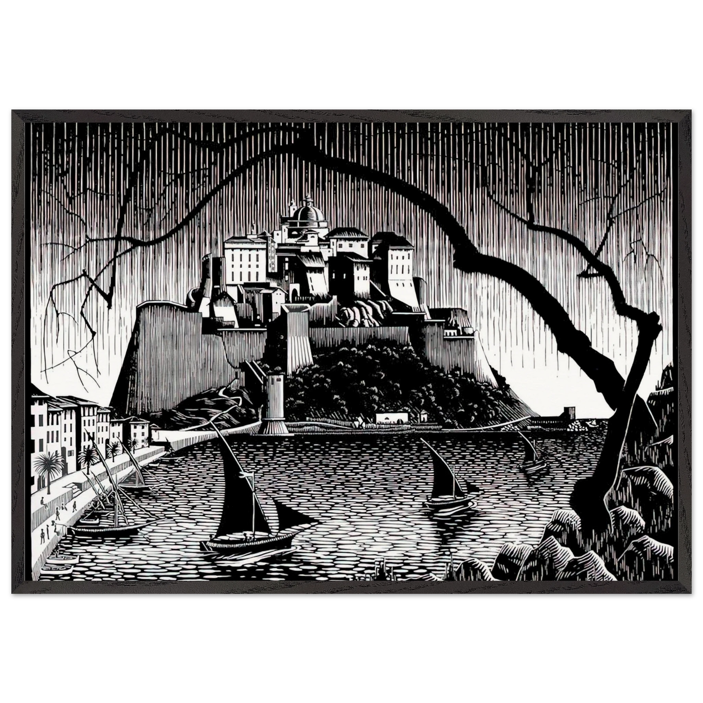 CITADEL OF CALVI CORSICA - MC Escher 70x100 cm / 28x40 inches Framed Art Print – Black Wooden Frame | Maurits Cornelis Escher Prints
