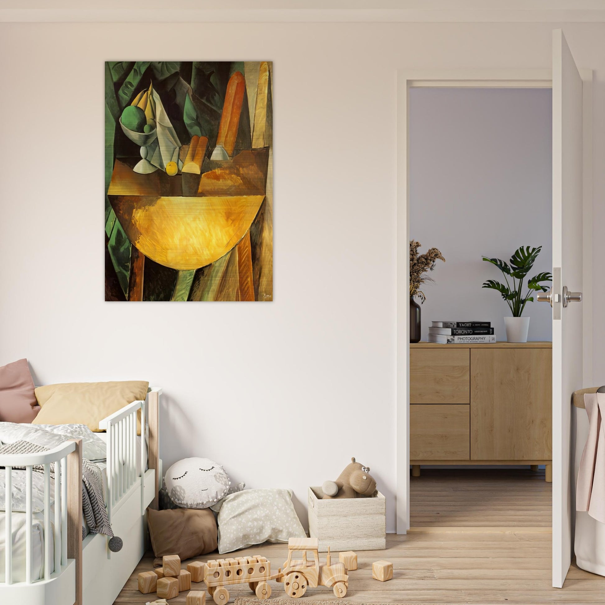 Bread and dish with fruits on the table - Pablo Picasso Brushed Aluminum Print - 70x100 cm / 28x40 inches | Pablo Picasso Aluminum Print | Pablo Picasso Prints