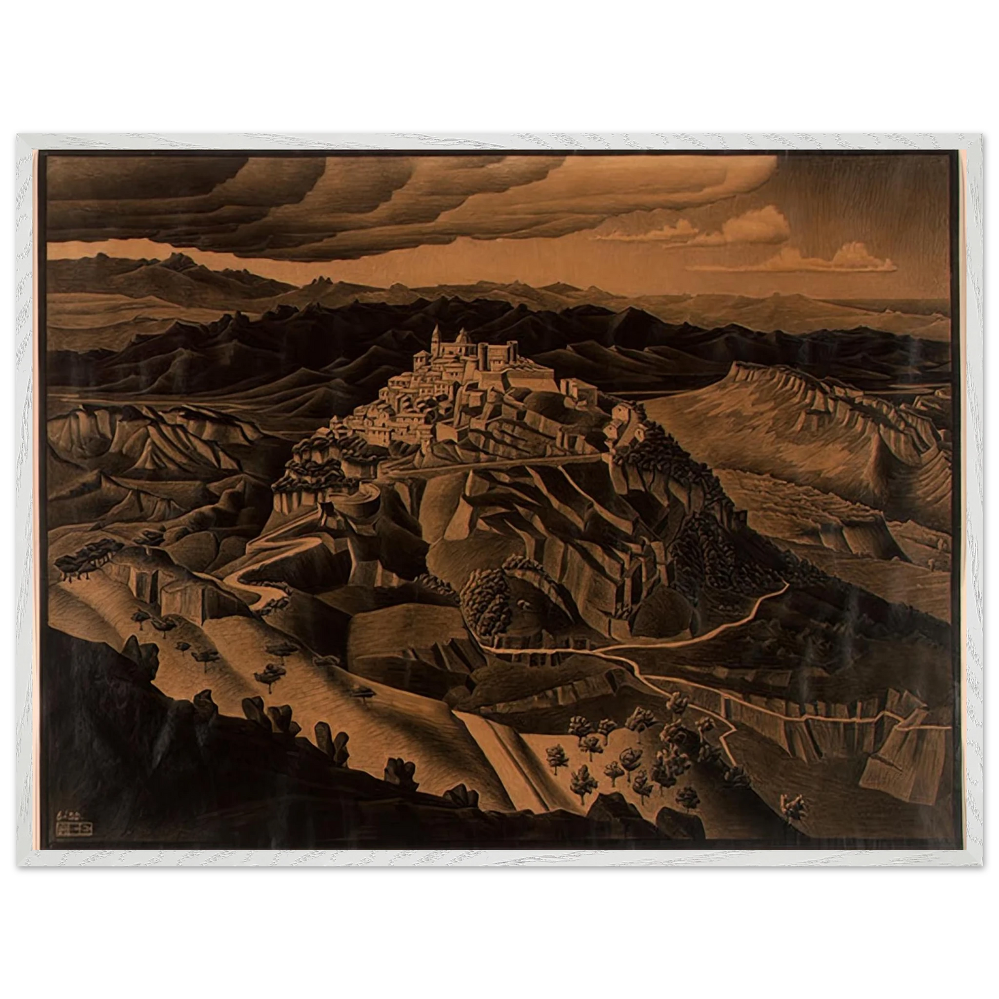 MC Escher - ITALIAN TOWN Wall Art - 60x80 cm / 24x32 inches - Premium Wooden Framed Poster With Fine Art Paper-canvas - Black frame