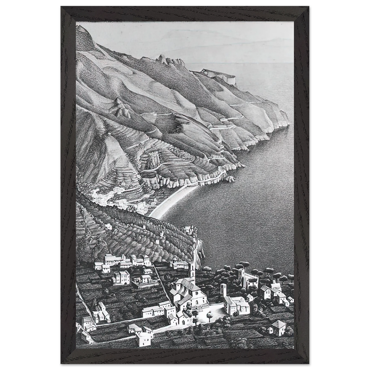 MC Escher - RAVELLO AND THE COAST OF AMALFI Wall Art - 30x40 cm / 12x16 inches - Premium Wooden Framed Poster With Fine Art Paper-canvas - Black frame