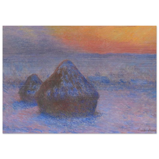 Stacks of Wheat Sunset, Snow Effect - claude monet Brushed Aluminum Print - 70x100 cm / 28x40 inches | claude monet Aluminum Print | claude monet Prints
