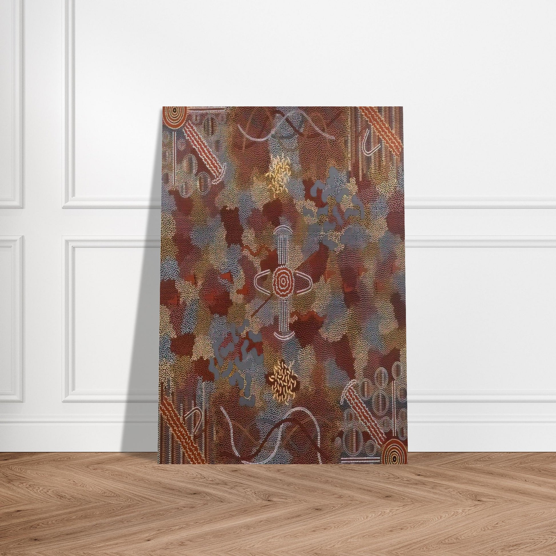 Frog Dreaming - 1989 - Clifford Possum Tjapaltjarri Brushed Aluminum Print - 70x100 cm / 28x40 inches | Clifford Possum Tjapaltjarri Aluminum Print | Clifford Possum Tjapaltjarri Prints