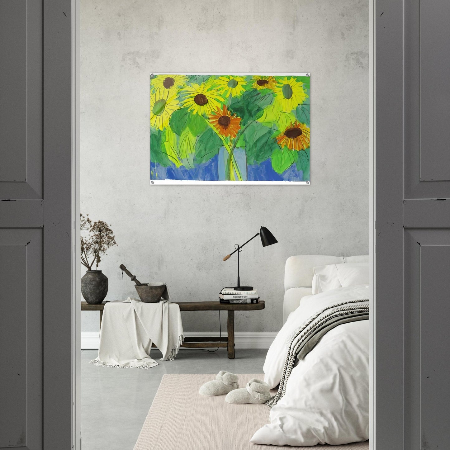 Orange and Yellow Sunflowers - Naïve Art Primitivism, Pop Art - Walasse Ting Acrylic Print - 70x100 cm / 28x40″ inches