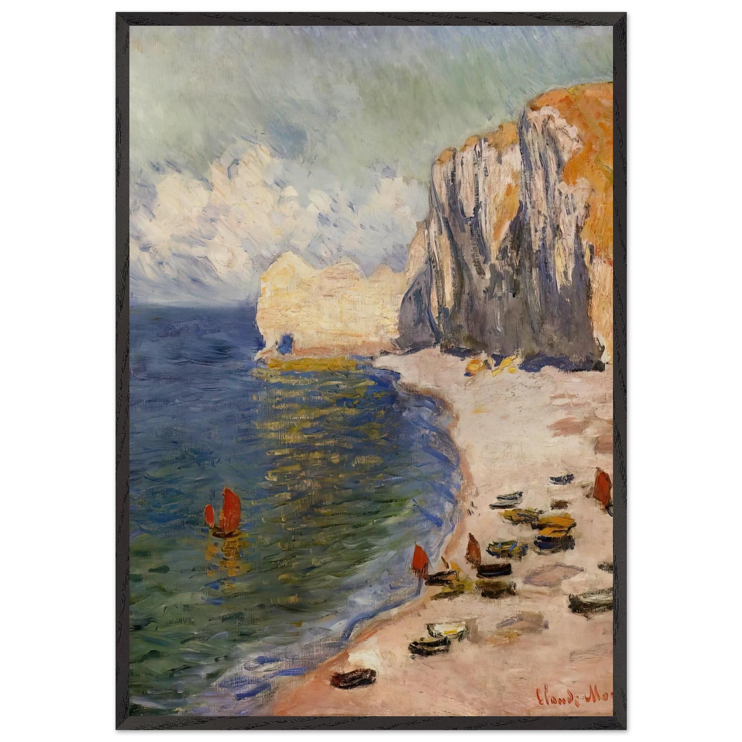 The Beach and the Falaise dAmont - claude monet 70x100 cm / 28x40 inches Framed Art Print – Black Wooden Frame
