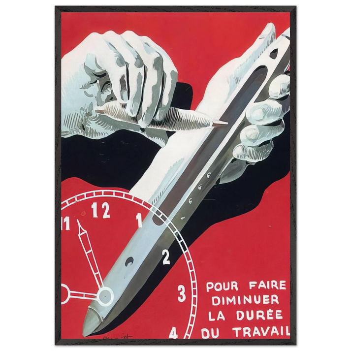 PROJECT OF POSTER THE CENTER OF TEXTILE WORKERS IN BELGIUM TO REDUCE WORKING HOURS 1938 - Rene Magritte 70x100 cm / 28x40 inches Framed Art Print – Black Wooden Frame