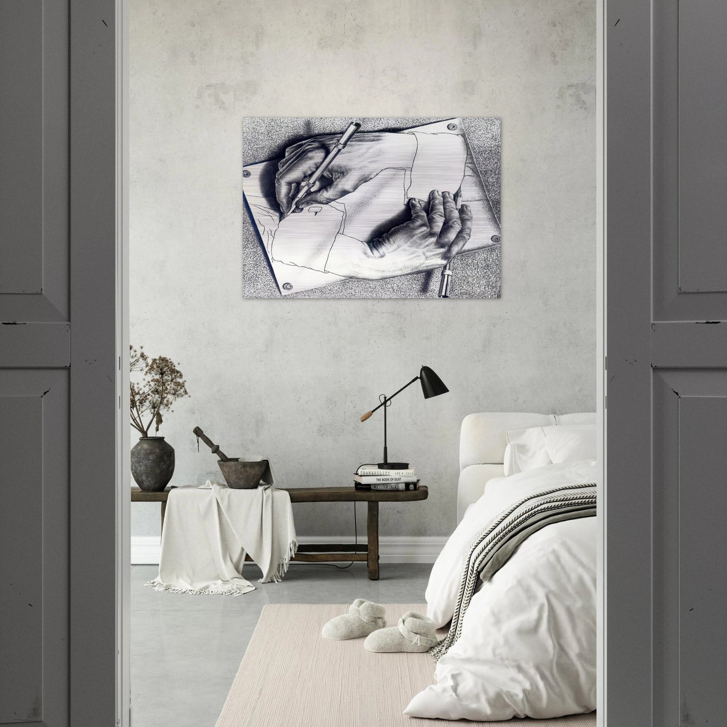 DRAWING HANDS - MC Escher Brushed Aluminum Print - 70x100 cm / 28x40 inches | MC Escher Aluminum Print | MC Escher Prints | Maurits Cornelis Escher Prints