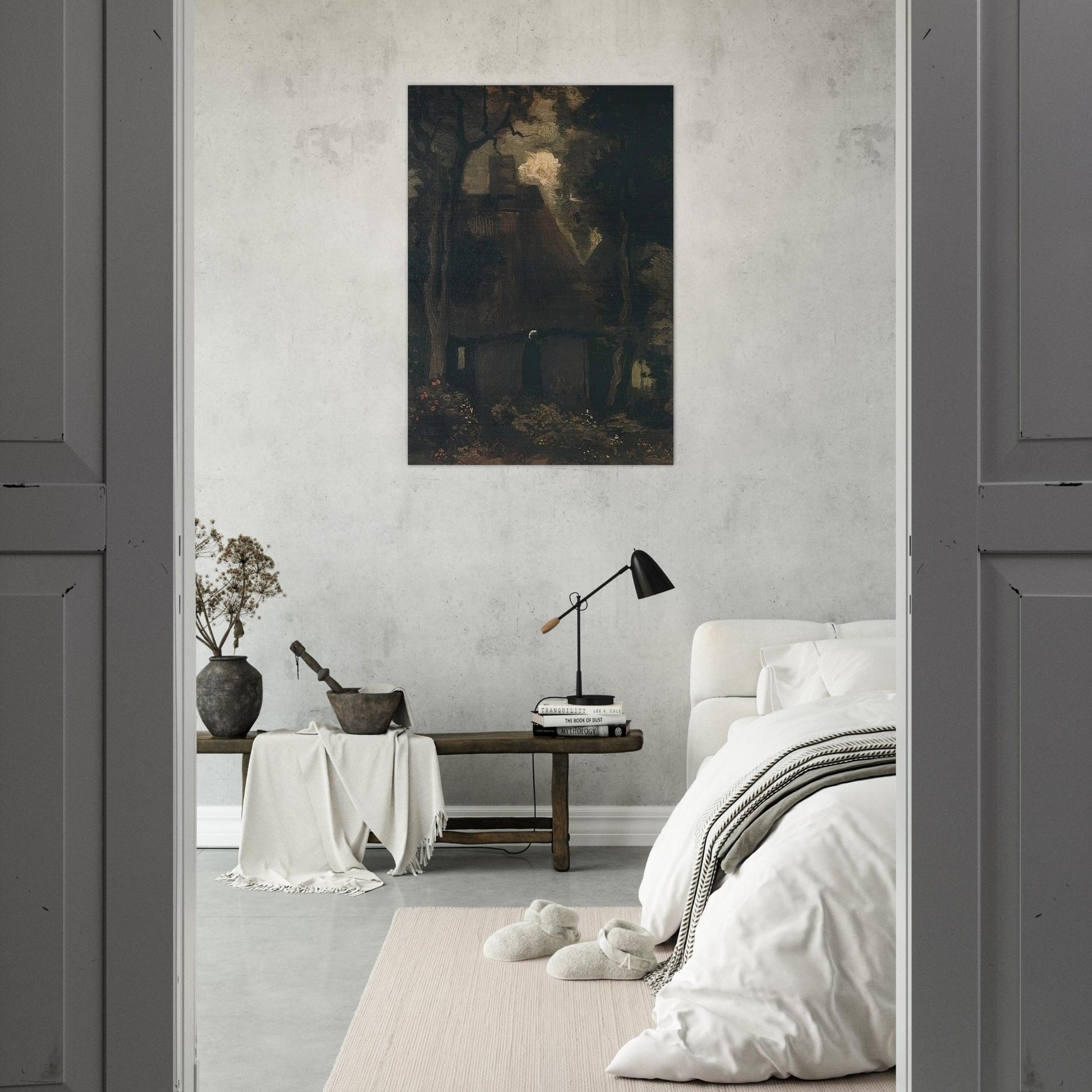 Cottage with Trees and Peasant Woman - Vincent van Gogh Brushed Aluminum Print - 70x100 cm / 28x40 inches | Vincent van Gogh Aluminum Print | Vincent van Gogh Prints