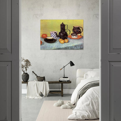 Still Life with Blue Enamel Coffeepot, Earthenware and Fruit - Vincent van Gogh Brushed Aluminum Print - 70x100 cm / 28x40 inches | Vincent van Gogh Aluminum Print | Vincent van Gogh Prints