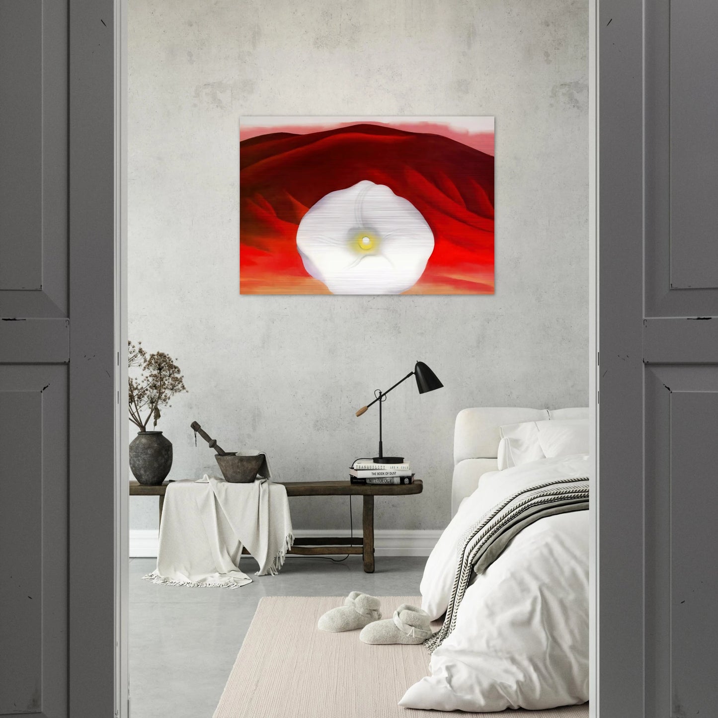 Red hills and white flower - Georgia O'Keeffe Brushed Aluminum Print - 70x100 cm / 28x40 inches | Georgia O'Keeffe Aluminum Print | Georgia O'Keeffe Prints