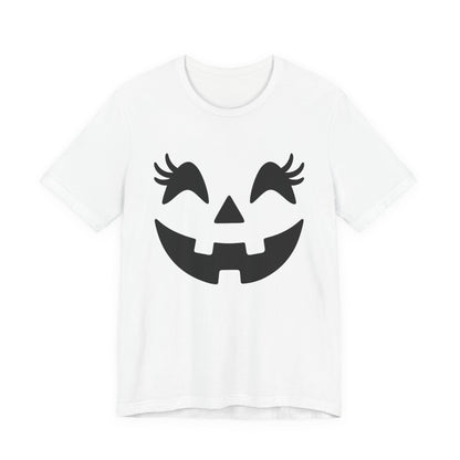 Camiseta de Halloween para mujer y niña con cara de Jack O'Lantern y pestañas de calabaza