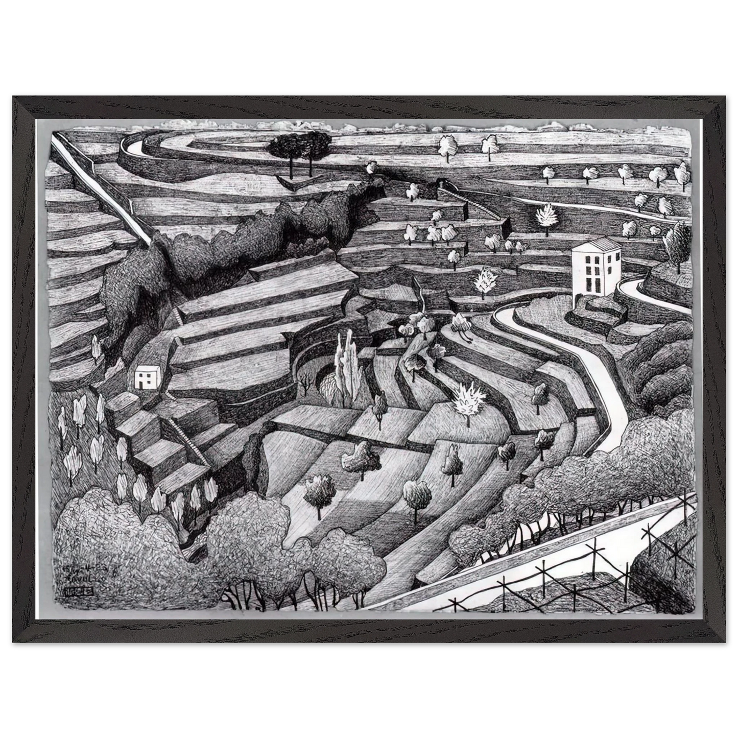 MC Escher - RAVELLO II Wall Art - 60x80 cm / 24x32 inches - Premium Wooden Framed Poster With Fine Art Paper-canvas - Black frame
