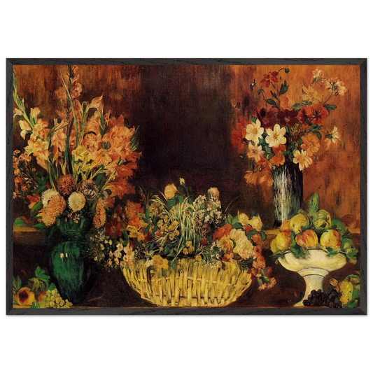 Vase Basket of Flowers and Fruit - Pierre-Auguste Renoir 70x100 cm / 28x40 inches Framed Art Print – Black Wooden Frame