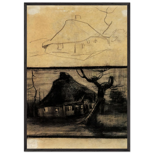 Two Studies of a Cottage - Vincent van Gogh 70x100 cm / 28x40 inches Framed Art Print – Black Wooden Frame