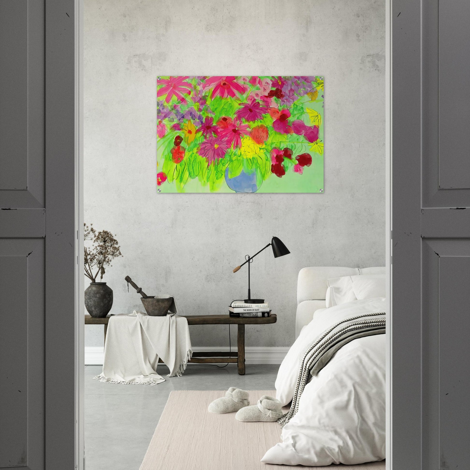 Blue Vase, Many Flowers - Naïve Art Primitivism, Pop Art - Walasse Ting Acrylic Print - 70x100 cm / 28x40″ inches