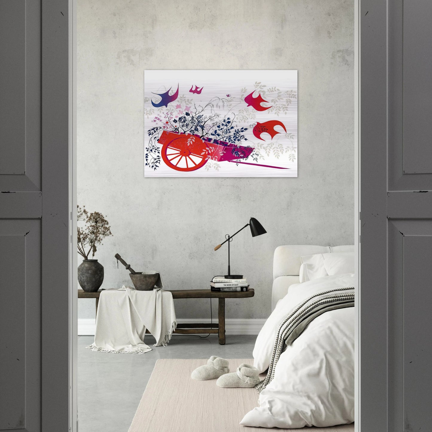 Red Wagon & Foliage - Eyvind Earle Brushed Aluminum Print - 70x100 cm / 28x40 inches | Eyvind Earle Aluminum Print | Eyvind Earle Prints