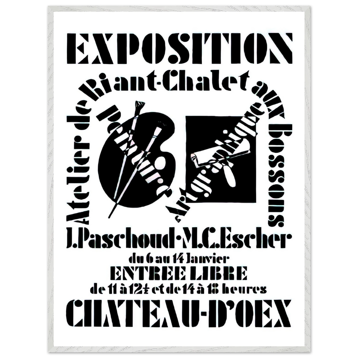 MC Escher - POSTER FOR EXHIBITION JOHN PASCHOUD AND M C ESCHER DECEMBER 1936 1936 Wall Art - 21x29.7 cm / 8x12" - Premium Wooden Framed Poster With Fine Art Paper - Wood frame