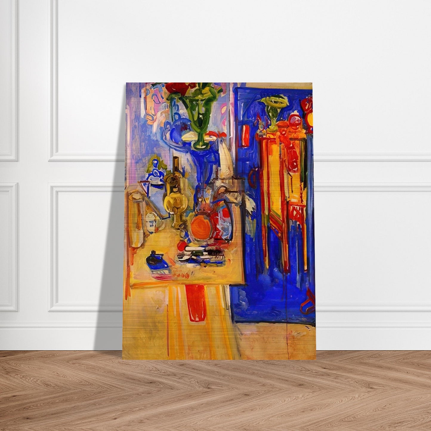 Table with Teakettle, Green Vase and Red Flowers - Hans Hofmann Brushed Aluminum Print - 70x100 cm / 28x40 inches | Hans Hofmann Aluminum Print | Hans Hofmann Prints