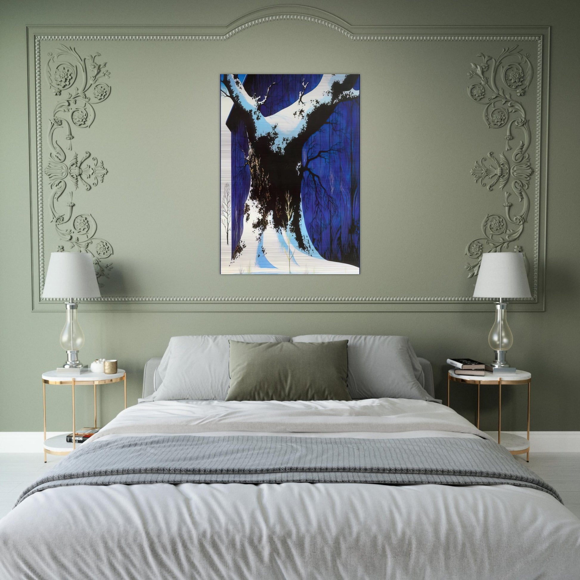 Blue Barn and Snow - Eyvind Earle Brushed Aluminum Print - 70x100 cm / 28x40 inches | Eyvind Earle Aluminum Print | Eyvind Earle Prints