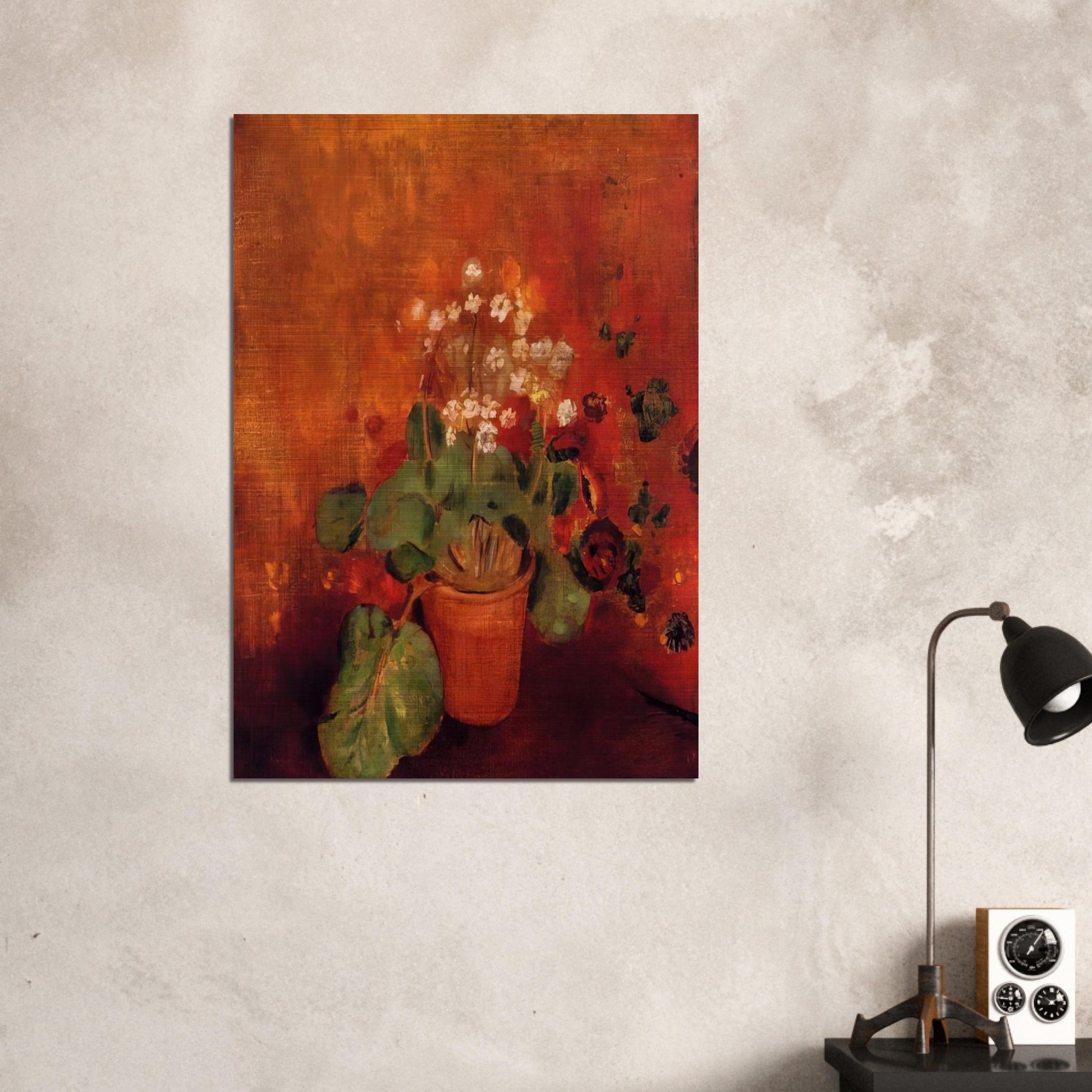FLOWERS IN A POT ON A RED BACKGROUND - Odilon Redon Brushed Aluminum Print - 70x100 cm / 28x40 inches | Odilon Redon Aluminum Print | Odilon Redon Prints
